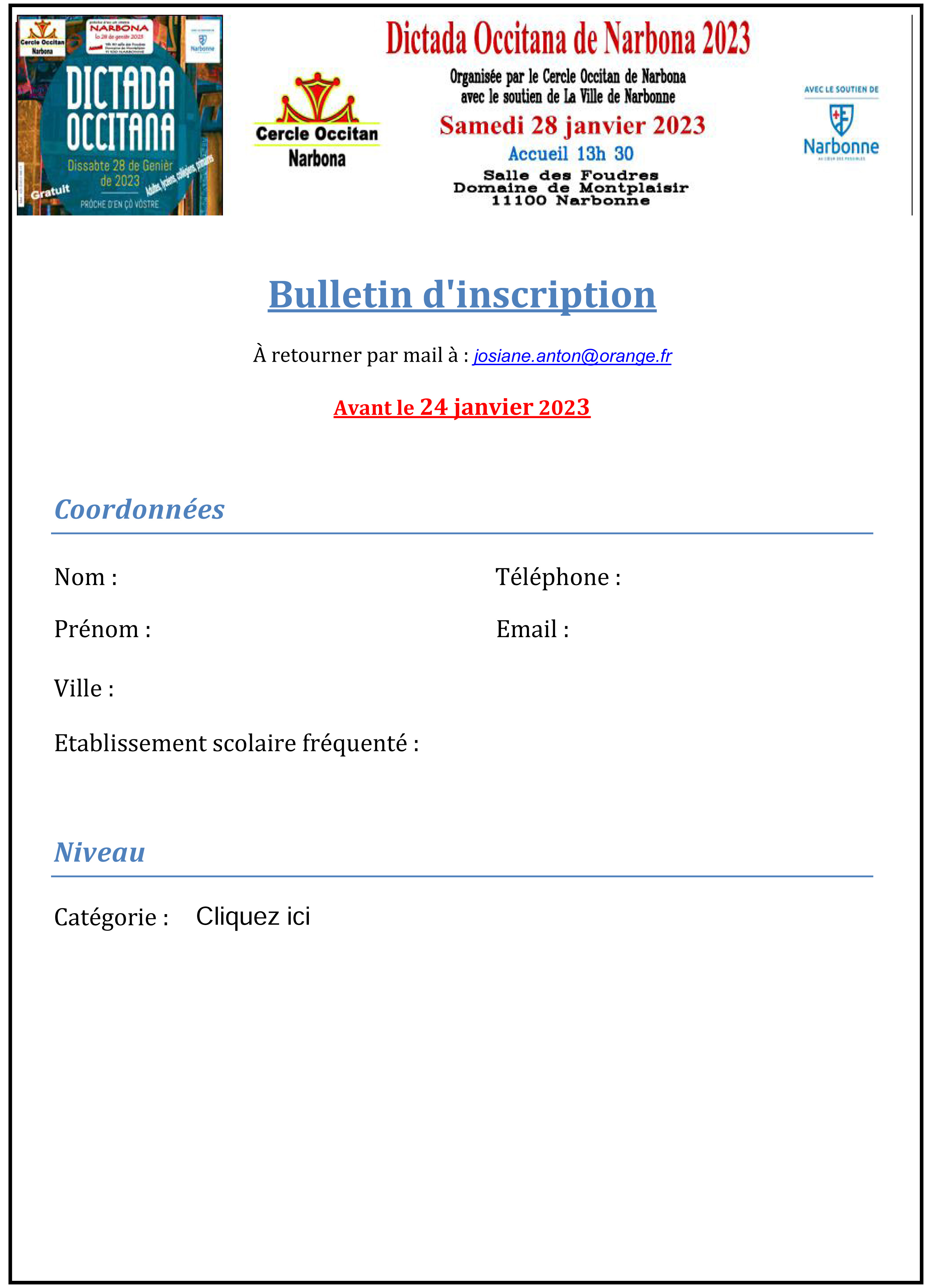 Formulaire Inscription Dicte Occitane NARBONNNE 2023